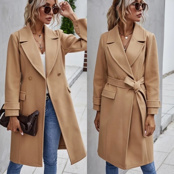 Peacoat trench coat wool like notched collar camel - Picture 2 of 5